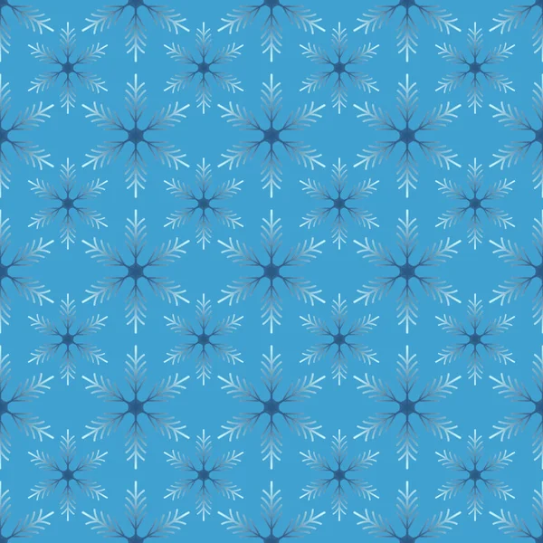 青い背景に雪片と冬のシームレスなパターン。布、テキスタイル壁紙、ポスター、ギフト包装紙のためのベクトルイラスト。クリスマスベクトルイラスト — ストックベクタ
