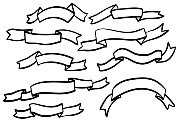 Σύνολο από μαύρες κορδέλες σιλουέτας που απομονώνονται σε λευκό φόντο. Εικονογράφηση διανυσματικών ταινιών banner. Δαντέλα ζωγραφισμένη στο χέρι. — Διανυσματικό Αρχείο