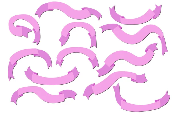 분홍색 실루엣 평평 한 리본 세트가 흰색 배경에 분리되어 있다. 리본 배너 벡터 일러스트. 손으로 그린 레이스. — 스톡 벡터