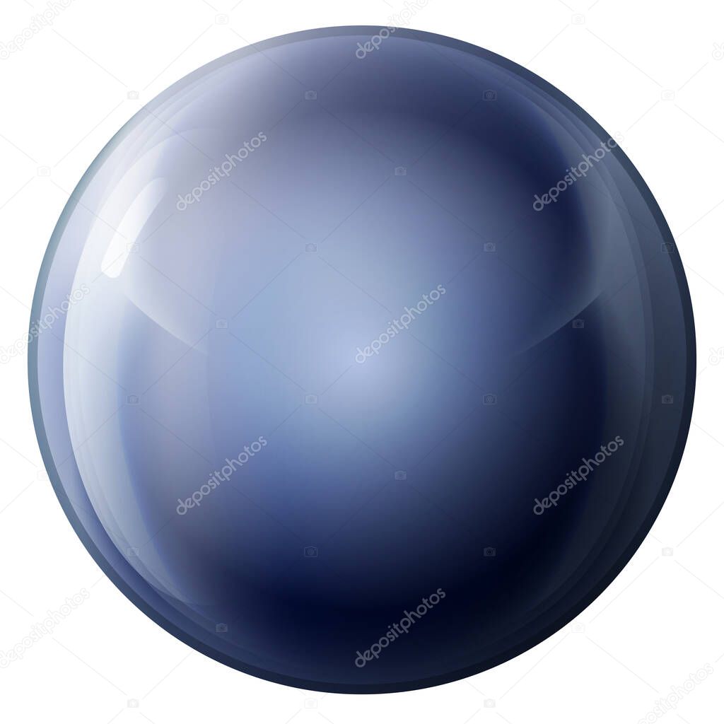 Glass blue ball or precious pearl. Glossy realistic ball, 3D abstract vector illustration highlighted on a white background. Big metal bubble with shadow.