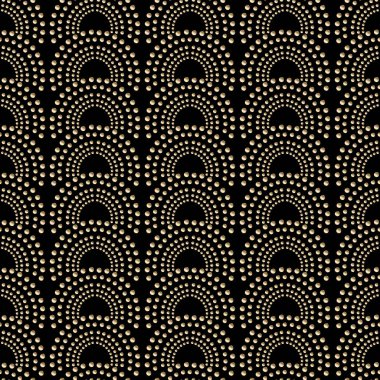 Art deco tasarımı. Siyah arkaplanda altın kareli süslemesi olan soyut geometrik dikişsiz desen. Klasik dekoratif doku. Duvar kağıdı, web sayfası, tekstil için modern lüks illüstrasyon.