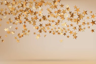 Yıldızların altın parıltılı konfetileri soyut, bulanık bej arka planda izole edilmiş. Bayram geçmişi. Kutlama konsepti. Düşen sihirli altın parçacıkları. Davetiye maketi. Üst manzara, düz uzanma.