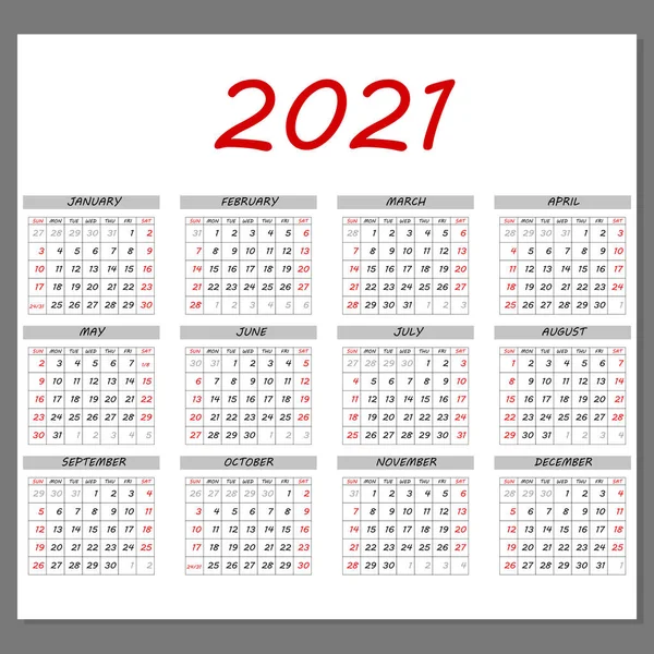 2021 planejador de calendário. Semana corporativa. Layout do modelo, 12 meses anuais, fundo branco. Design simples para folheto de negócios, folheto, mídia impressa, propaganda. A semana começa a partir de domingo. Tamanho A4. —  Vetores de Stock