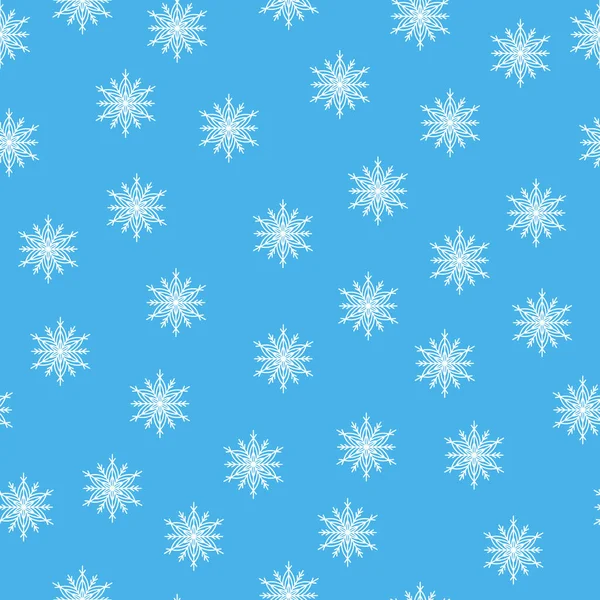 青い背景に白い雪片と冬のシームレスなパターン。布、テキスタイル壁紙、ポスター、ギフト包装紙のためのベクトルイラスト。クリスマスベクトルイラスト. — ストックベクタ