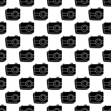 İş unsurları simgelerinin karalama stilinde, bilgi sisteminde kusursuz desen. Vektör çizimi. Beyaz arka planda el kamerasıyla boğuluyor. İş fikri kavramı.