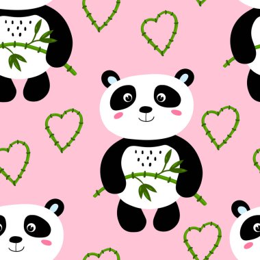 Renkli arka planda şirin panda bebeği olan kusursuz bir desen. Komik Asya hayvanları. Kart, çocuklar için kartpostallar. Kumaş, tekstil, duvar kağıdı, poster, hediye paketi için düz vektör çizimi.