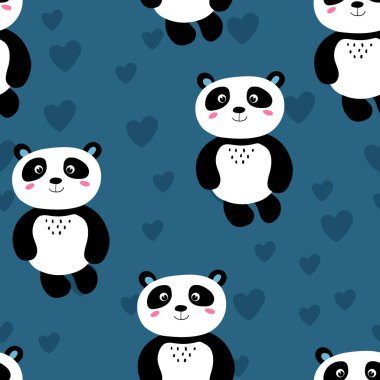 Renkli arka planda şirin panda bebeği olan kusursuz bir desen. Komik Asya hayvanları. Kart, çocuklar için kartpostallar. Kumaş, tekstil, duvar kağıdı, poster, hediye paketi için düz vektör çizimi.