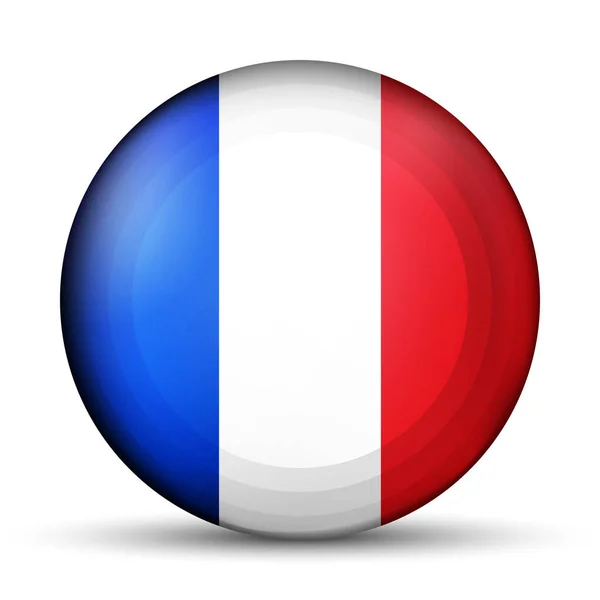 Boule lumineuse en verre avec drapeau de France. Sphère ronde, icône modèle. Le symbole national français. Boule réaliste brillante, illustration vectorielle abstraite 3D surlignée sur fond blanc. Grande bulle. — Image vectorielle