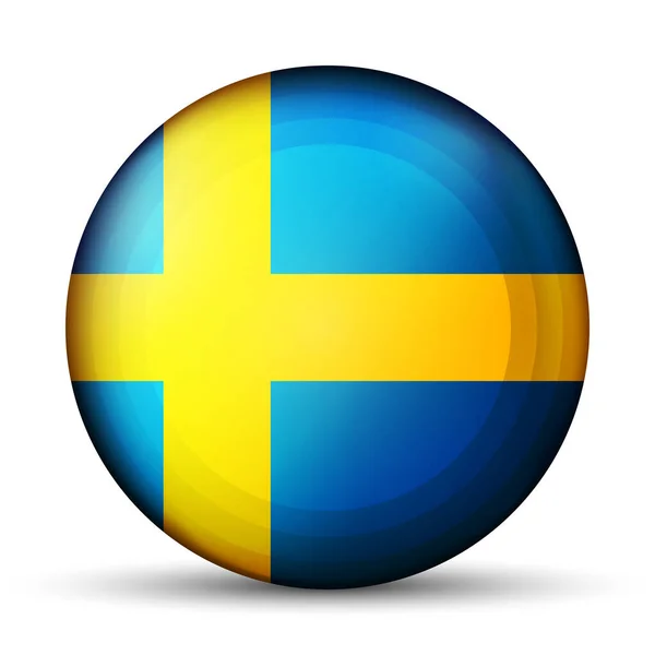 スウェーデンの国旗が付いたガラスのライトボール。丸い球、テンプレートアイコン。スウェーデンの国章。光沢のある現実的なボール、白い背景に強調された3D抽象的なベクトルイラスト。大きなバブル. — ストックベクタ