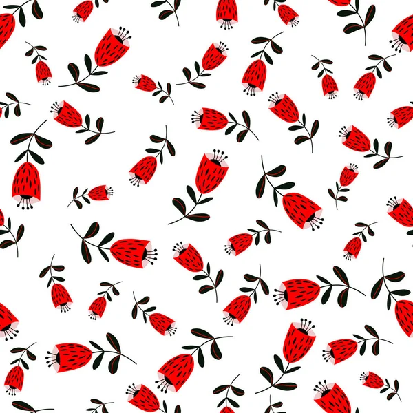 Seamless floral pattern based on traditional folk art ornaments. Red and black flowers on white background. Scandinavian style. Vector illustration. Simple minimalistic pattern with nature element. — Stock Vector