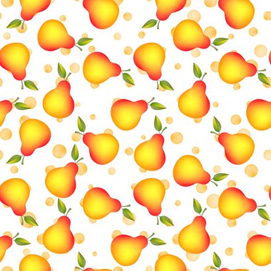 Renkli armutlarla komik bir sonbahar çizimi. Beyaz benekli arka planda şirin meyveler olan terzi desenleri. Yemek konsepti. Davetiye, poster, kart, kumaş, tekstil için şablon tasarımı.