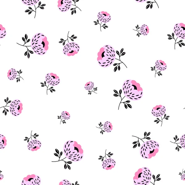 Nahtloses Blumenmuster, das auf traditionellen Ornamenten der Volkskunst beruht. Rosa und schwarze Blumen. Skandinavischer Stil. Schweden nordisch. Vektorillustration. Einfaches minimalistisches Muster mit Naturelement. — Stockvektor