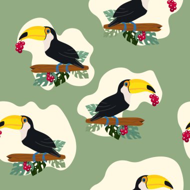 Kusursuz desenli, dalında çizgi film karakteri olan bir tukan kuşu. Duvar kağıdı, kumaş ve tekstil için vektör çizimi. Yaz egzotik baskısı. Çiçekli canavar yapraklı tropik bir tukan.