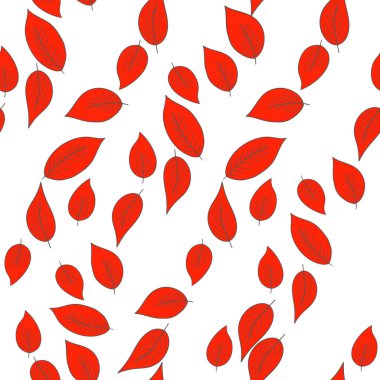 Beyaz arka planda kırmızı egzotik yaprakları olan çiçek desenli. Tropik dallar. Duvar kağıdı, poster, kart, kumaş ve tekstil için moda vektör stoku çizimi.