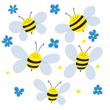 Big set of cartoon bee mascot. A small bees flies and flowers. Wasp collection. Vector characters. Incest icon. Template design for invitation, cards. Doodle style clipart