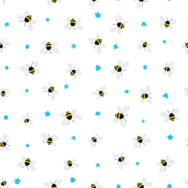 Безшовний візерунок з бджолами та квітами на білому тлі. Чарівні персонажі мультфільмів оси. Дизайн шаблону для запрошень, карт, текстилю, тканини. Стиль Додл. Векторна стокова ілюстрація . — стоковий вектор