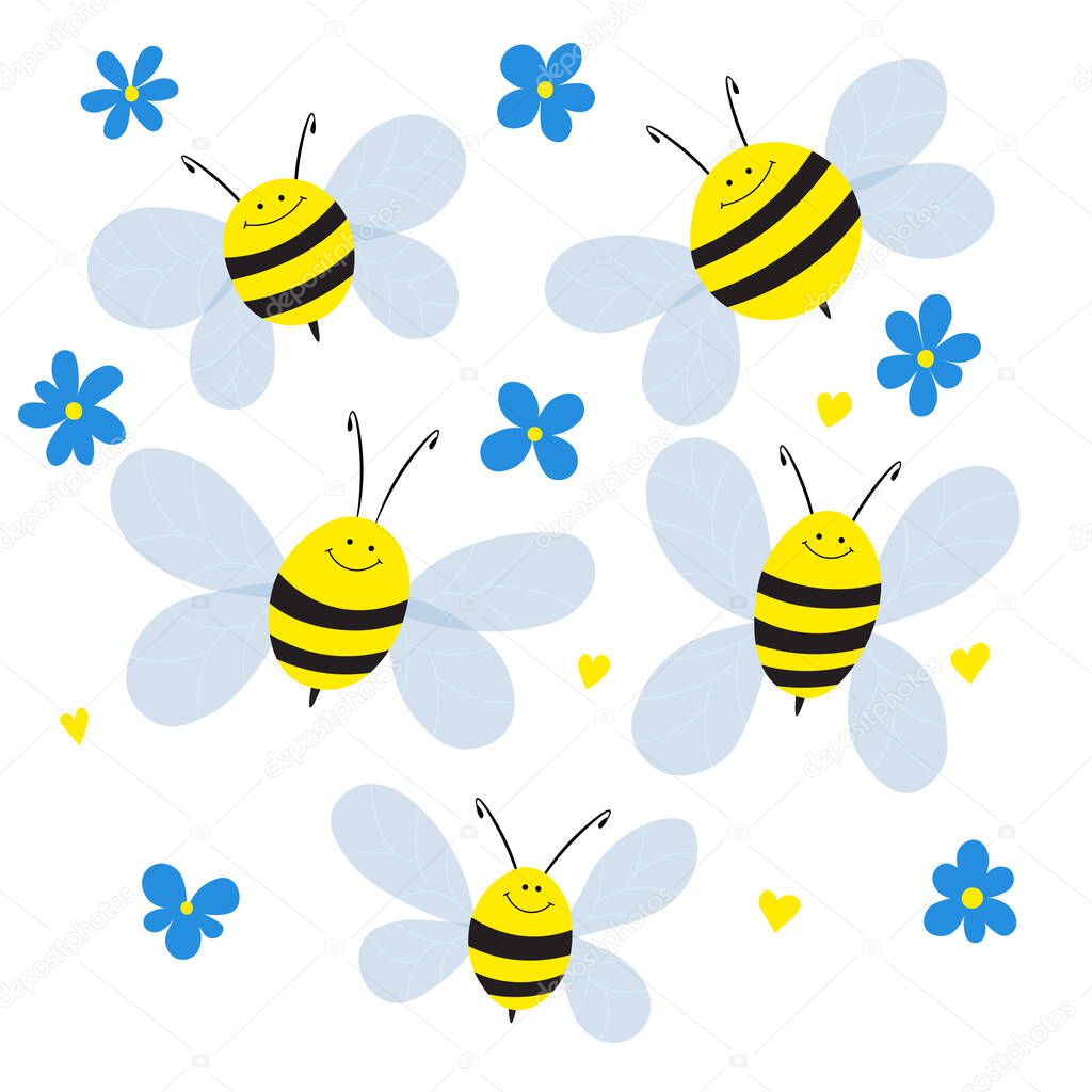 Big set of cartoon bee mascot. A small bees flies and flowers. Wasp collection. Vector characters. Incest icon. Template design for invitation, cards. Doodle style