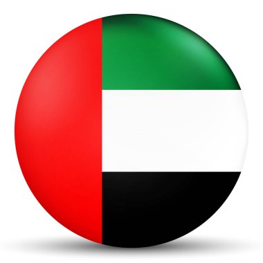 Birleşik Arap Emirlikleri bayrağı taşıyan cam ışıklı top. Yuvarlak küre, şablon simgesi. Arap ulusal sembolü. Parlak gerçekçi top, beyaz arkaplanda üç boyutlu soyut vektör çizimi. Büyük kabarcık.