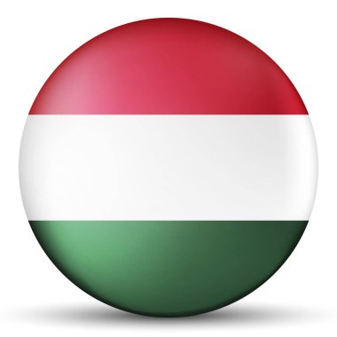 Macaristan bayraklı cam top. Yuvarlak küre, şablon simgesi. Macar ulusal sembolü. Parlak gerçekçi top, beyaz arkaplanda işaretlenmiş üç boyutlu soyut vektör çizimi. Büyük kabarcık.