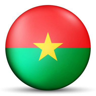 Burkina Faso bayraklı cam top. Yuvarlak küre, şablon simgesi. Ulusal sembol. Parlak gerçekçi top, beyaz arkaplanda işaretlenmiş üç boyutlu soyut vektör çizimi. Büyük kabarcık.
