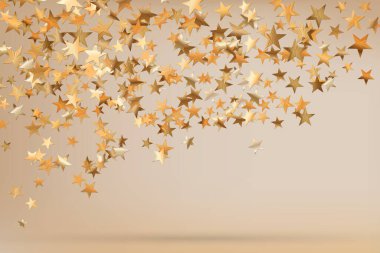 Yıldızların altın parıltılı konfetileri soyut, bulanık bej arka planda izole edilmiş. Bayram geçmişi. Kutlama konsepti. Düşen sihirli altın parçacıkları. Davetiye maketi. Üst manzara, düz uzanma.