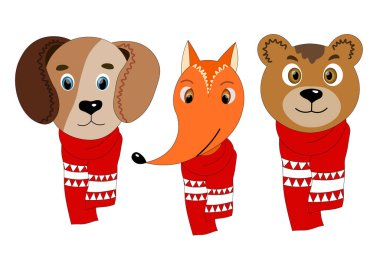 Kış eşarbında rengarenk, sevimli hayvan yüzüyle dolu. Dod, fox, bear. Ayrı nesneler. Çizgi film düz çizim. Şablon Noel simgesi, etiket.
