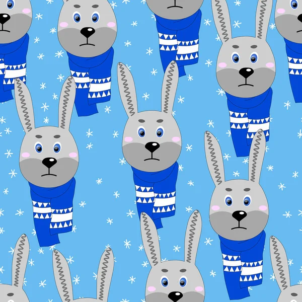 Seamless pattern with cute animal face on color background. Hare in a winter scarf. Merry Christmas and New year vector illustration for fabric, textile wallpaper, poster, gift wrapping paper. — Stock Vector