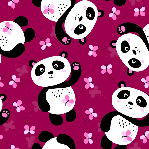 Безглазый узор с симпатичным детенышем панды, бабочкой на цветном фоне. Смешные азиатские животные. Открытки, открытки для детей. Плоская векторная иллюстрация для ткани, текстиля, обоев, плаката, оберточной бумаги. — стоковый вектор