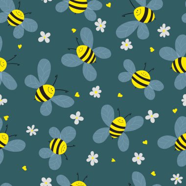 Mavi arka planda arılar ve çiçekler olan kusursuz bir desen. Tatlı çizgi film eşekarısı karakterleri. Davetiye, kart, tekstil, kumaş için şablon tasarımı. Doodle tarzı. Vektör stok illüstrasyonu