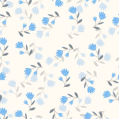 Geleneksel halk sanatları süslerine dayanan kusursuz çiçek desenleri. Işıklı arka planda renkli çiçekler. İskandinav tarzı. Vektör çizimi. Doğa elementi ile basit minimalist desen.