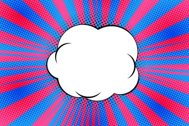 Çizgili renkli ışınlar arka plan ve konuşma baloncukları. Pop Art yaratıcı konsept renkli çizgi roman dergisi kapağı. Çizgi film yarım ton retro modeli. Soyut şablon tasarımı, boş baloncuk.
