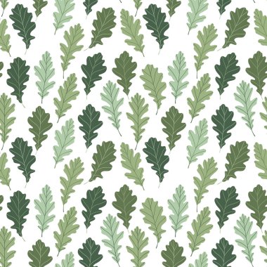 Beyaz arka planda renkli egzotik yaprakları olan dikişsiz çiçek deseni. Tropik yeşil meşe dalları. Duvar kağıdı, poster, kart, kumaş ve tekstil için moda vektör stoku çizimi.