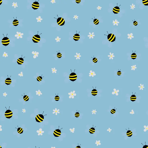 Patrón sin costuras con abejas y flores sobre fondo beige. Adorables personajes de avispa de dibujos animados. Plantilla de diseño para invitación, tarjetas, textil, tela. Al estilo Doodle. Ilustración de stock vectorial — Vector de stock