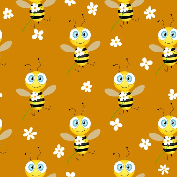 Modèle sans couture avec des abeilles et des fleurs sur fond brun. Illustration vectorielle. Adorable personnage de dessin animé. Modèle de conception pour invitation, cartes, textile, tissu. Style caniche. — Image vectorielle