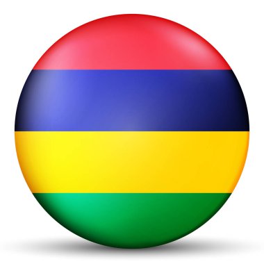Mauritius bayrağıyla birlikte cam ışıklı top. Yuvarlak küre, şablon simgesi. Mauritian ulusal sembolü. Parlak gerçekçi top, beyaz arkaplanda işaretlenmiş üç boyutlu soyut vektör çizimi. Büyük kabarcık.