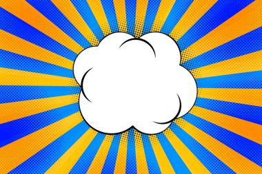 Çizgili renkli ışınlar arka plan ve konuşma baloncukları. Pop Art yaratıcı konsept renkli çizgi roman dergisi kapağı. Çizgi film yarım ton retro modeli. Soyut şablon tasarımı, boş baloncuk.