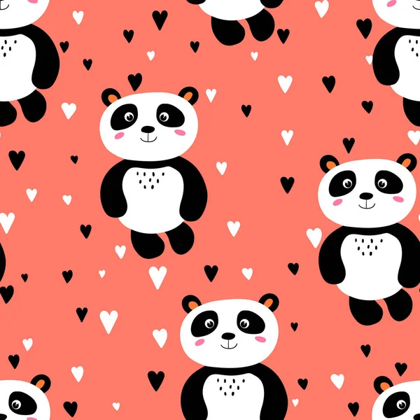 Naadloos patroon met schattige panda baby op kleur achtergrond. Grappige Aziatische dieren. Kaart, ansichtkaarten voor kinderen. Flat vector illustratie voor stof, textiel, behang, poster, cadeaupapier. — Stockvector