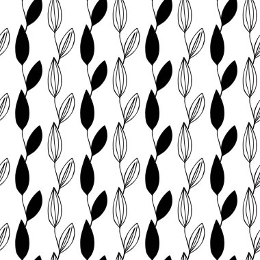 Beyaz arka planda dalları olan dikişsiz çiçek deseni. Tropik yapraklarla, filizlerle süslenmiş. Kumaş, tekstil, duvar kağıdı, posterler, kağıt için vektör çizimi. Moda baskısı. Doodle tarzı.