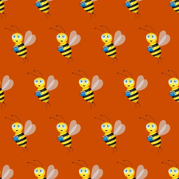 Modèle sans couture avec des abeilles et des tasses sur fond brun. Illustration vectorielle. Adorable personnage de dessin animé. Modèle de conception pour invitation, cartes, textile, tissu. Style plat. Abeille avec une tasse de thé. — Image vectorielle