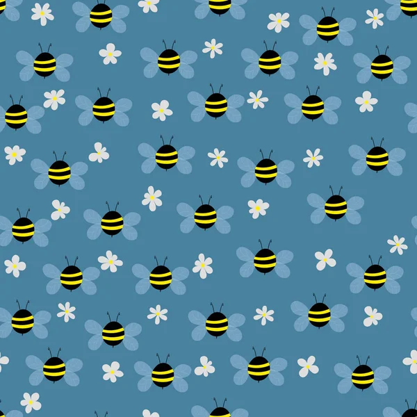 Modèle sans couture avec des abeilles et des fleurs sur fond beige. Adorables personnages de guêpes de dessin animé. Modèle de conception pour invitation, cartes, textile, tissu. Style caniche. Illustration vectorielle — Image vectorielle