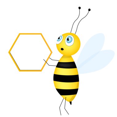 Çizgi film sevimli arı maskotu. Boş masalı mutlu arı. Küçük eşekarısı. Vektör karakter. Böcek simgesi. Davetiye, kart, duvar kağıdı, okul, anaokulu için tatil şablonu tasarımı. Boşluğu kopyala.