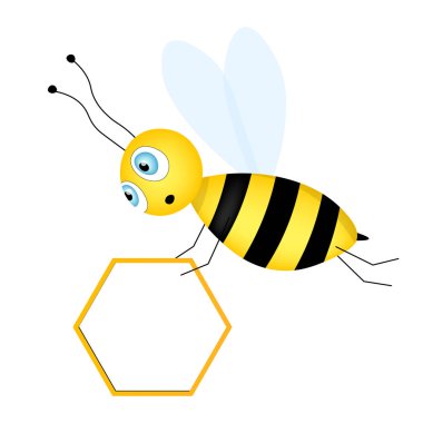 Çizgi film sevimli arı maskotu. Boş masalı mutlu arı. Küçük eşekarısı. Vektör karakter. Böcek simgesi. Davetiye, kart, duvar kağıdı, okul, anaokulu için tatil şablonu tasarımı. Boşluğu kopyala.