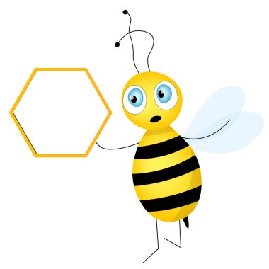 Çizgi film sevimli arı maskotu. Boş masalı mutlu arı. Küçük eşekarısı. Vektör karakter. Böcek simgesi. Davetiye, kart, duvar kağıdı, okul, anaokulu için tatil şablonu tasarımı. Boşluğu kopyala.