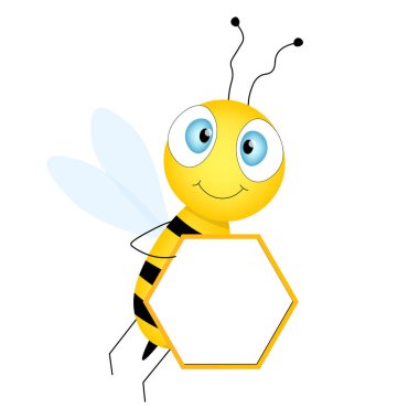 Çizgi film sevimli arı maskotu. Boş masalı mutlu arı. Küçük eşekarısı. Vektör karakter. Böcek simgesi. Davetiye, kart, duvar kağıdı, okul, anaokulu için tatil şablonu tasarımı. Boşluğu kopyala.