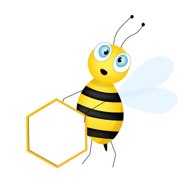 Çizgi film sevimli arı maskotu. Boş masalı mutlu arı. Küçük eşekarısı. Vektör karakter. Böcek simgesi. Davetiye, kart, duvar kağıdı, okul, anaokulu için tatil şablonu tasarımı. Boşluğu kopyala.