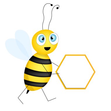 Çizgi film sevimli arı maskotu. Boş masalı mutlu arı. Küçük eşekarısı. Vektör karakter. Böcek simgesi. Davetiye, kart, duvar kağıdı, okul, anaokulu için tatil şablonu tasarımı. Boşluğu kopyala.