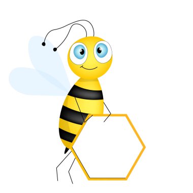 Çizgi film sevimli arı maskotu. Boş masalı mutlu arı. Küçük eşekarısı. Vektör karakter. Böcek simgesi. Davetiye, kart, duvar kağıdı, okul, anaokulu için tatil şablonu tasarımı. Boşluğu kopyala.