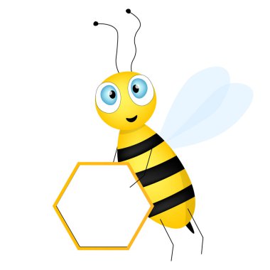 Çizgi film sevimli arı maskotu. Boş masalı mutlu arı. Küçük eşekarısı. Vektör karakter. Böcek simgesi. Davetiye, kart, duvar kağıdı, okul, anaokulu için tatil şablonu tasarımı. Boşluğu kopyala.