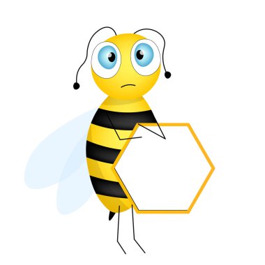 Çizgi film sevimli arı maskotu. Boş masalı mutlu arı. Küçük eşekarısı. Vektör karakter. Böcek simgesi. Davetiye, kart, duvar kağıdı, okul, anaokulu için tatil şablonu tasarımı. Boşluğu kopyala.