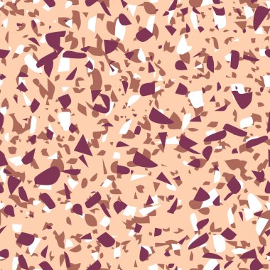 Geometrik kahverengi terrazzo dikişsiz desen. Soyut renkli modern arka plan. İnternet ve baskı için taş tasarımı. Venedik fayansları, döşeme dekorları. Kaotik pastel doku.